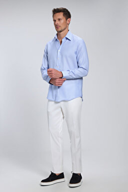 %100 Pamuk Klasik Yaka Slim Fit Gömlek - Mavi (görsel 9)