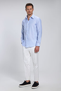 %100 Pamuk Klasik Yaka Slim Fit Gömlek - Mavi (görsel 10)