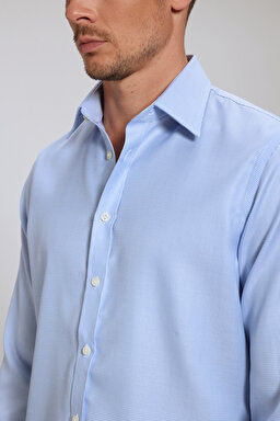%100 Pamuk Klasik Yaka Slim Fit Gömlek - Mavi (görsel 11)