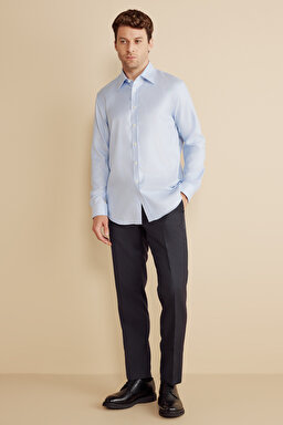 %100 Pamuk Klasik Yaka Slim Fit Gömlek - Mavi (görsel 3)