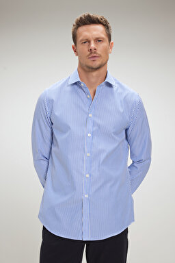 %100 Pamuk İtalyan Yaka Slim Fit Gömlek - Lacivert-Beyaz Çizgili