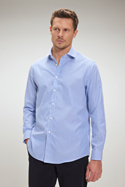 %100 Pamuk İtalyan Yaka Slim Fit Gömlek - Lacivert-Beyaz Çizgili (görsel 2)