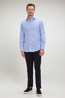 %100 Pamuk İtalyan Yaka Slim Fit Gömlek - Lacivert-Beyaz Çizgili (görsel 4)