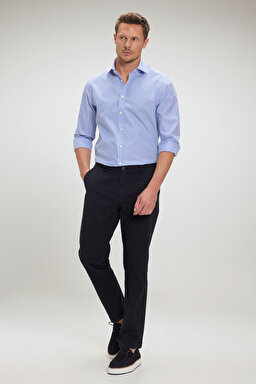 %100 Pamuk İtalyan Yaka Slim Fit Gömlek - Lacivert-Beyaz Çizgili (görsel 5)