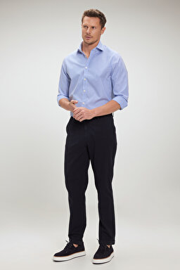 %100 Pamuk İtalyan Yaka Slim Fit Gömlek - Lacivert-Beyaz Çizgili (görsel 6)