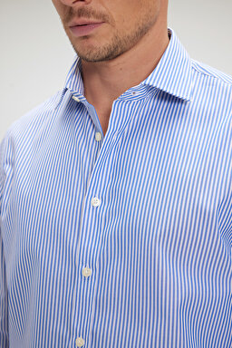 %100 Pamuk İtalyan Yaka Slim Fit Gömlek - Lacivert-Beyaz Çizgili (görsel 7)