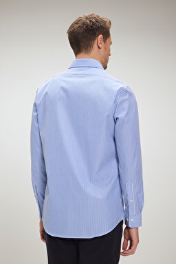 %100 Pamuk İtalyan Yaka Slim Fit Gömlek - Lacivert-Beyaz Çizgili (görsel 8)