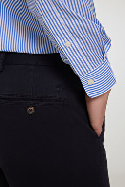 %100 Pamuk İtalyan Yaka Slim Fit Gömlek - Lacivert-Beyaz Çizgili (görsel 9)