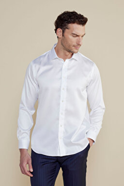 %100 Pamuk Saten İtalyan Yaka Slim Fit Gömlek - Beyaz (görsel 2)