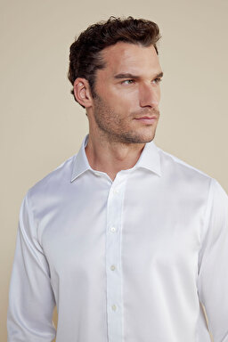 %100 Pamuk Saten İtalyan Yaka Slim Fit Gömlek - Beyaz (görsel 4)