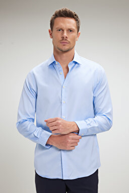 %100 Pamuk Saten İtalyan Yaka Slim Fit Gömlek - Mavi