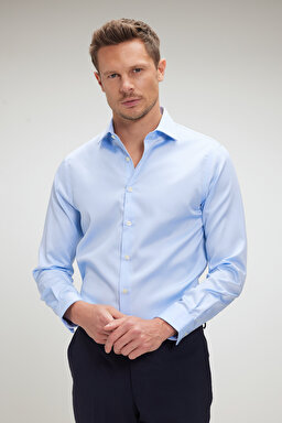 %100 Pamuk Saten İtalyan Yaka Slim Fit Gömlek - Mavi (görsel 2)