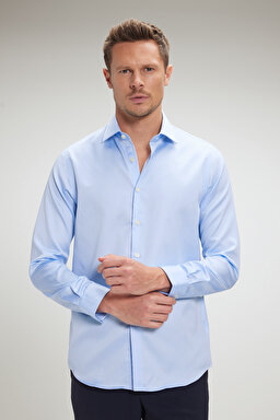 %100 Pamuk Saten İtalyan Yaka Slim Fit Gömlek - Mavi (görsel 3)
