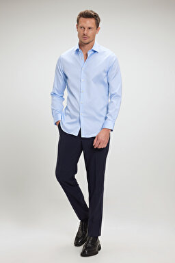 %100 Pamuk Saten İtalyan Yaka Slim Fit Gömlek - Mavi (görsel 4)