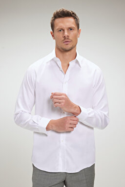 %100 Pamuk Saten İtalyan Yaka Slim Fit Gömlek - Beyaz (görsel 6)