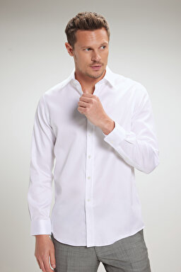 %100 Pamuk Saten İtalyan Yaka Slim Fit Gömlek - Beyaz (görsel 8)