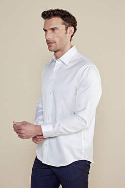 %100 Pamuk Saten İtalyan Yaka Slim Fit Gömlek - Beyaz (görsel 2)