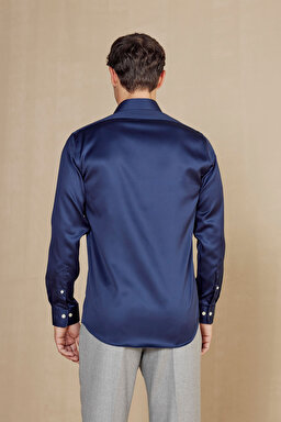%100 Pamuk Saten İtalyan Yaka Slim Fit Gömlek - Lacivert (görsel 5)