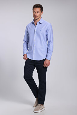 %100 Pamuk Klasik Yaka Slim Fit Gömlek - Mavi-Beyaz Ekoseli (görsel 3)