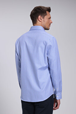 %100 Pamuk Klasik Yaka Slim Fit Gömlek - Mavi-Beyaz Ekoseli (görsel 6)
