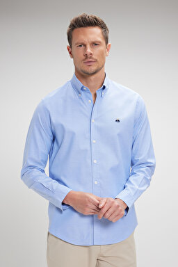 %100 Pamuk Düğmeli Yaka Slim Fit Oxford Gömlek - Mavi