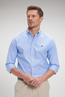 %100 Pamuk Düğmeli Yaka Slim Fit Oxford Gömlek - Mavi (görsel 2)