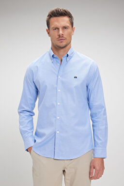 %100 Pamuk Düğmeli Yaka Slim Fit Oxford Gömlek - Mavi (görsel 3)