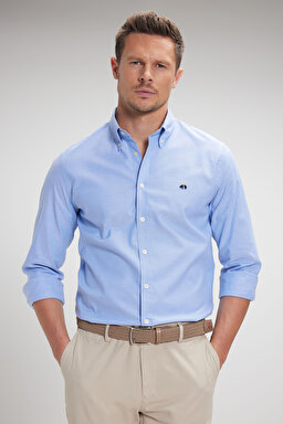 %100 Pamuk Düğmeli Yaka Slim Fit Oxford Gömlek - Mavi (görsel 4)
