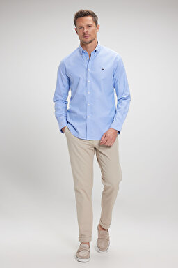 %100 Pamuk Düğmeli Yaka Slim Fit Oxford Gömlek - Mavi (görsel 5)