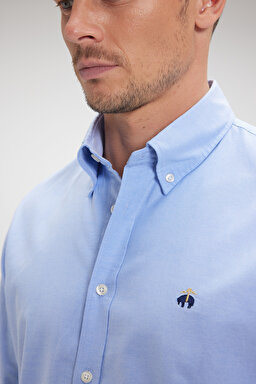 %100 Pamuk Düğmeli Yaka Slim Fit Oxford Gömlek - Mavi (görsel 6)