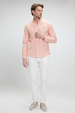 %100 Pamuk Düğmeli Yaka Slim Fit Oxford Gömlek - Turuncu (görsel 3)