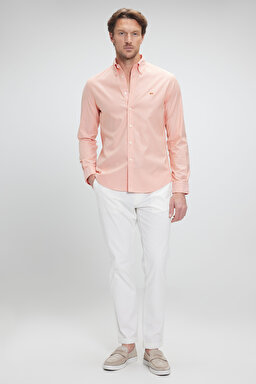 %100 Pamuk Düğmeli Yaka Slim Fit Oxford Gömlek - Turuncu (görsel 4)