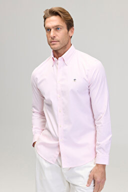 %100 Pamuk Düğmeli Yaka Slim Fit Oxford Gömlek - Pembe