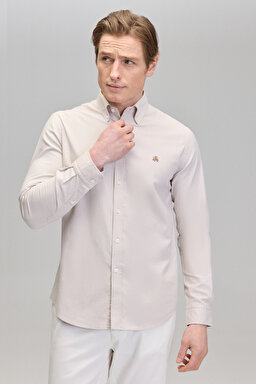 %100 Pamuk Düğmeli Yaka Slim Fit Oxford Gömlek - Bej