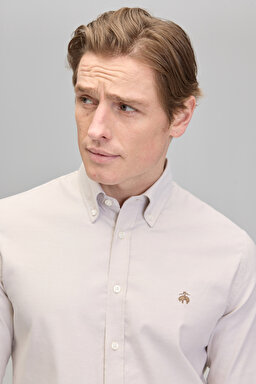 %100 Pamuk Düğmeli Yaka Slim Fit Oxford Gömlek - Bej (görsel 3)