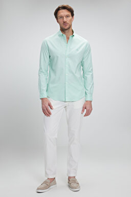%100 Pamuk Düğmeli Yaka Slim Fit Oxford Gömlek - Mint (görsel 4)