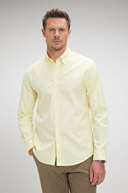 %100 Pamuk Düğmeli Yaka Slim Fit Oxford Gömlek - Sarı