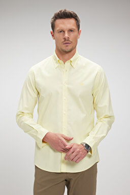 %100 Pamuk Düğmeli Yaka Slim Fit Oxford Gömlek - Sarı (görsel 3)