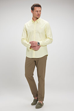 %100 Pamuk Düğmeli Yaka Slim Fit Oxford Gömlek - Sarı (görsel 5)