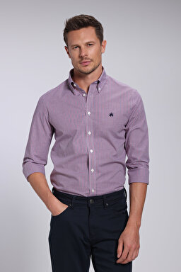 Slim Fit Pamuk Erkek Gömlek - Kırmızı Ekoseli (görsel 2)