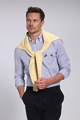 %100 Pamuk Düğmeli Yaka Slim Fit Logolu Gömlek - Lacivert Çizgili
