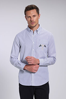 %100 Pamuk Düğmeli Yaka Slim Fit Logolu Gömlek - Lacivert Çizgili (görsel 2)