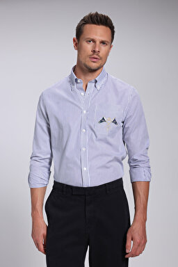 %100 Pamuk Düğmeli Yaka Slim Fit Logolu Gömlek - Lacivert Çizgili (görsel 3)