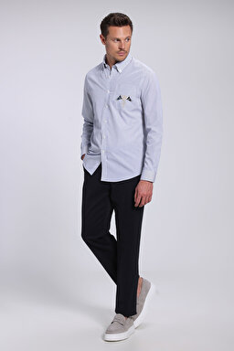 %100 Pamuk Düğmeli Yaka Slim Fit Logolu Gömlek - Lacivert Çizgili (görsel 4)