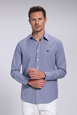 Erkek Slim Fit Klasik Yaka Gömlek - Lacivert Ekoseli