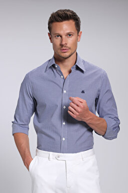 Erkek Slim Fit Klasik Yaka Gömlek - Lacivert Ekoseli (görsel 3)