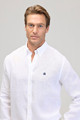 %100 Keten Düğmeli Yaka Slim Fit Gömlek - Beyaz