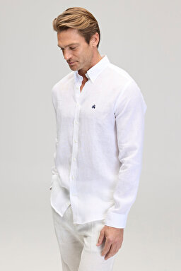 %100 Keten Düğmeli Yaka Slim Fit Gömlek - Beyaz (görsel 2)