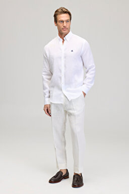 %100 Keten Düğmeli Yaka Slim Fit Gömlek - Beyaz (görsel 3)