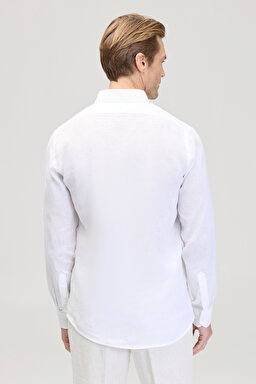 %100 Keten Düğmeli Yaka Slim Fit Gömlek - Beyaz (görsel 5)